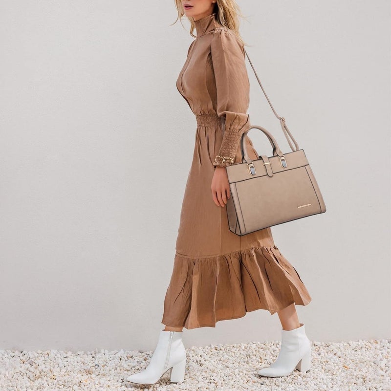 DASEIN Women's Handbag Flap-over Belt Shoulder Bag Top Handle Tote Satchel Purse Work Bag w/Matching Wristlet (Beige) - Image 2